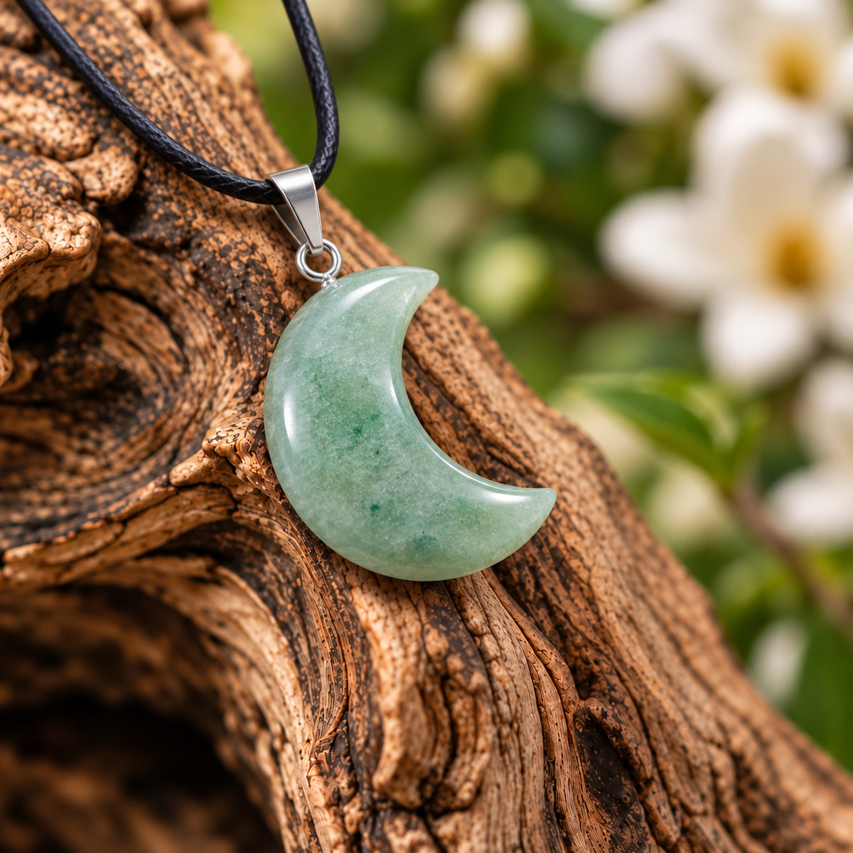 Green Aventurine Moon Pendant — Close-up