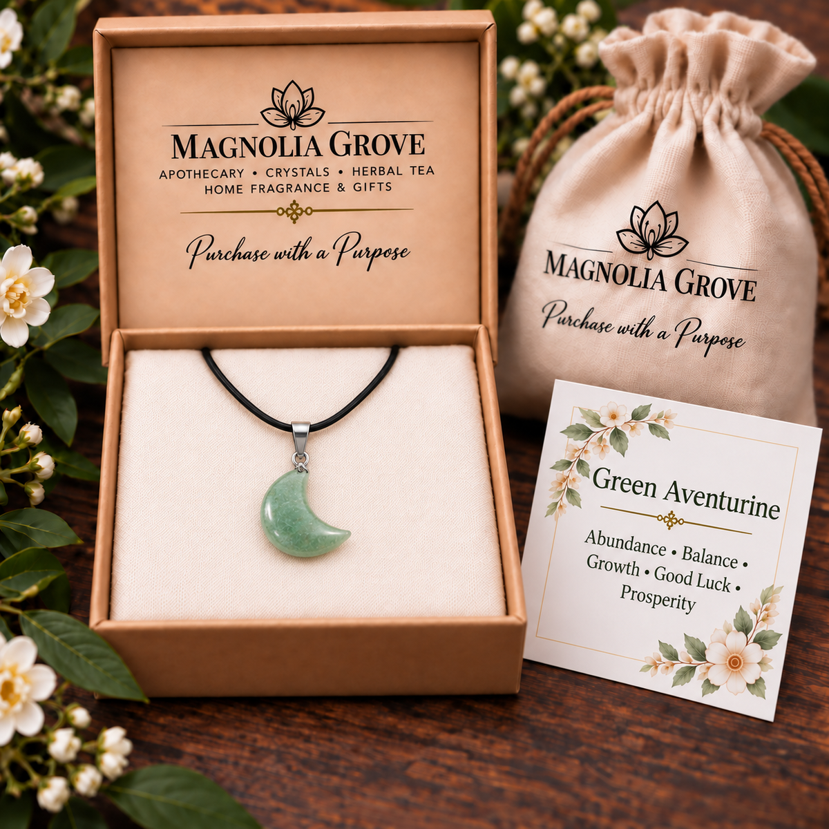 Green Aventurine Moon Pendant — Gift-box scene