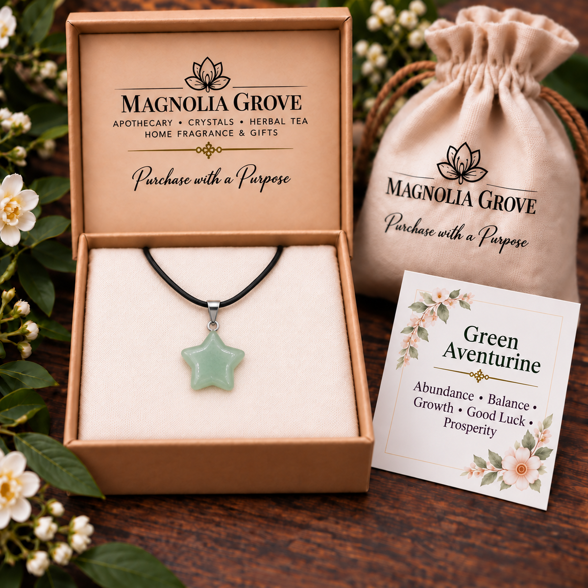 Green Aventurine Star Pendant — Gift-box scene