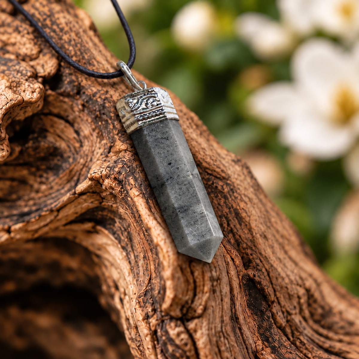 Grey Aventurine pencil pendant — detail close-up