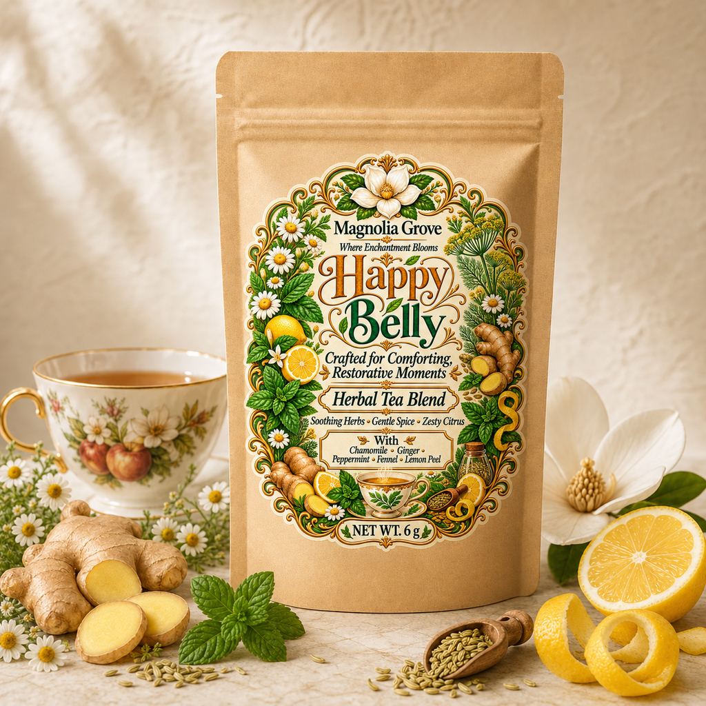 Happy Belly herbal tea in Magnolia Grove kraft pouch