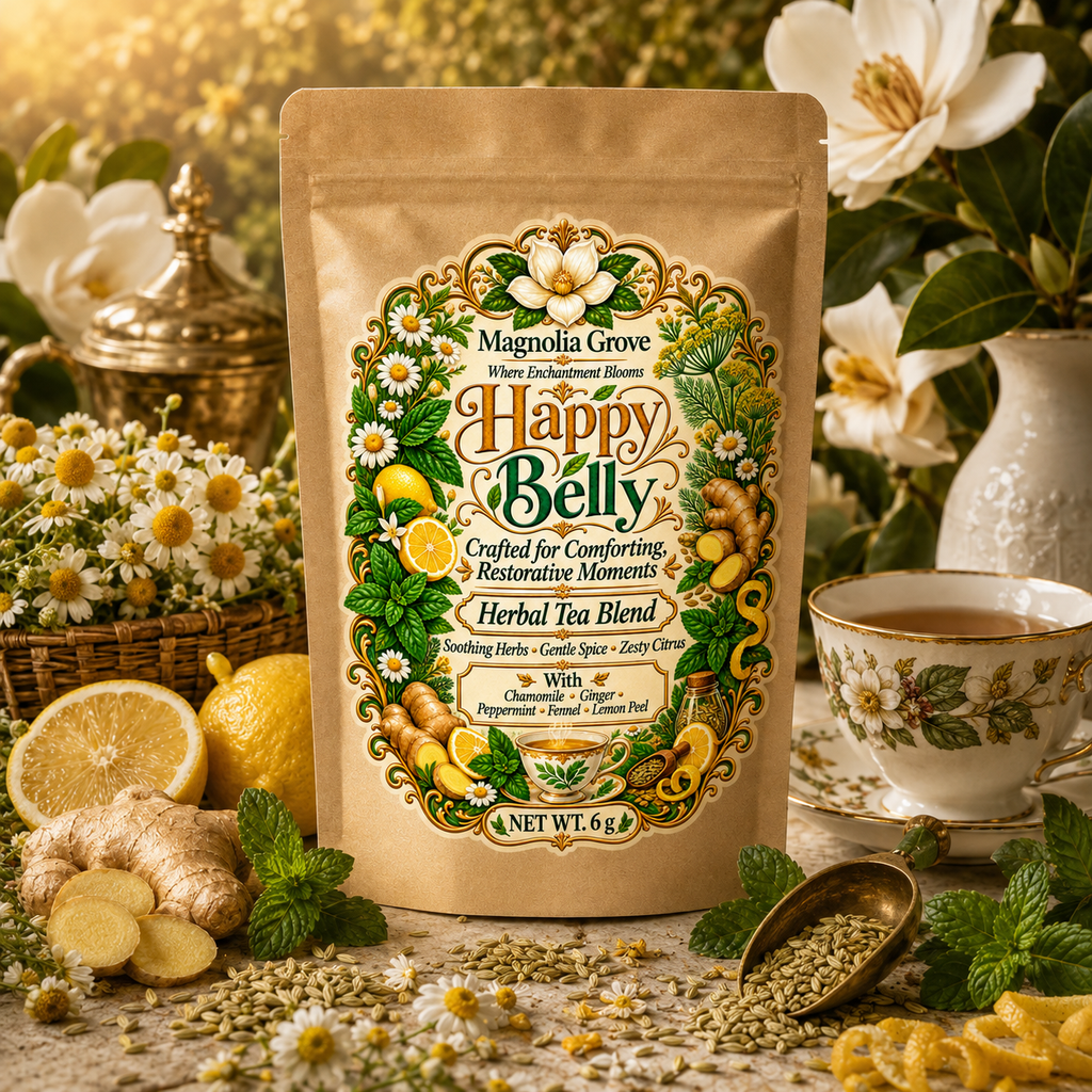 Happy Belly herbal tea with soothing botanicals and teacup