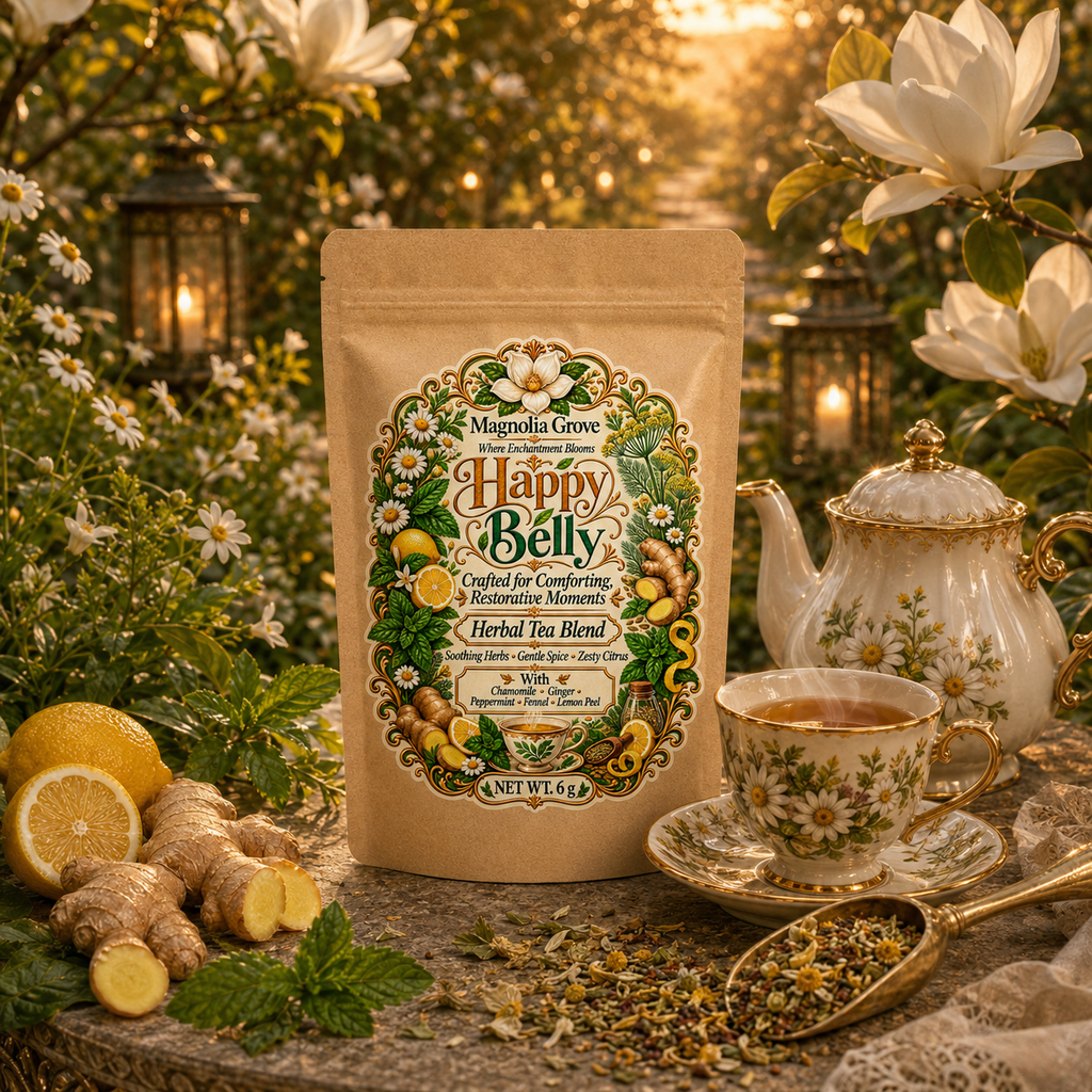 Happy Belly herbal tea in an enchanted chamomile garden