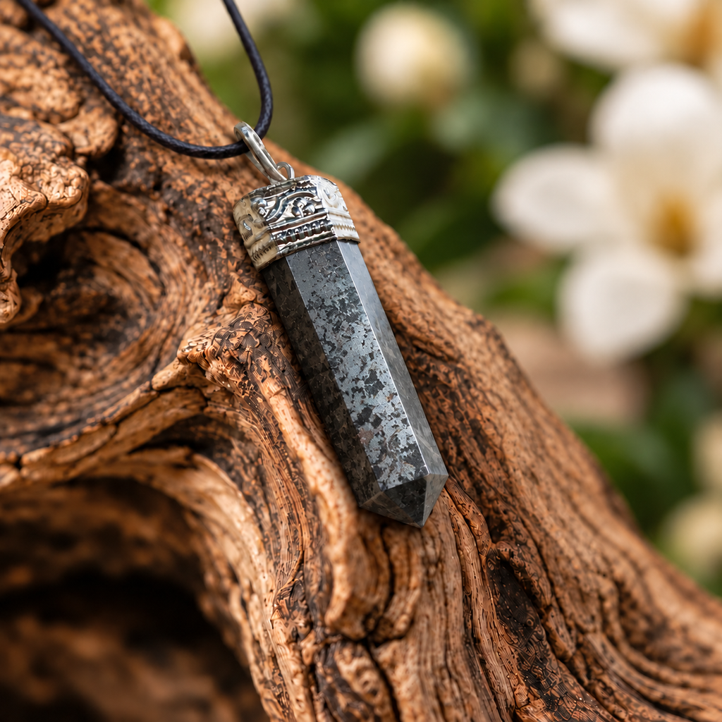 Hematite pencil pendant — detail close-up
