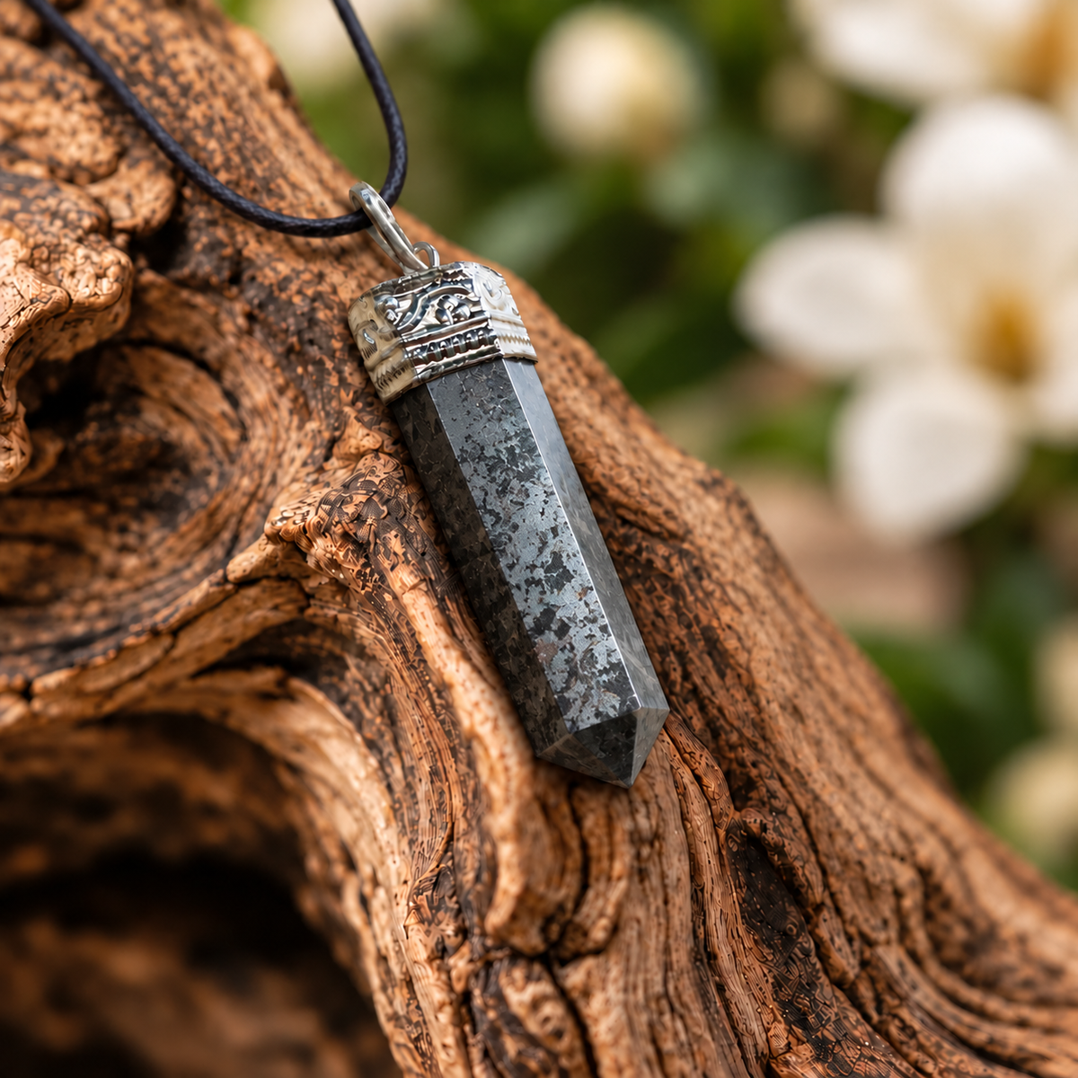 Hematite pencil pendant — detail close-up