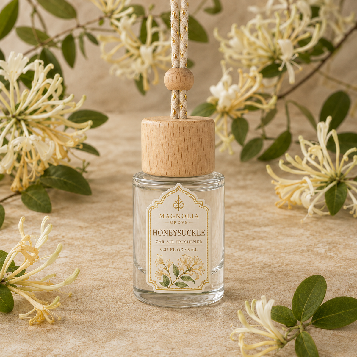 Honeysuckle Car Air Freshener — 8 mL glass bottle with wood cap