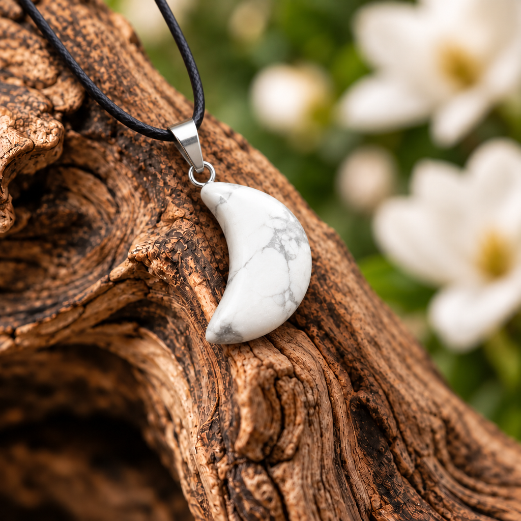 Howlite Moon Pendant — Close-up
