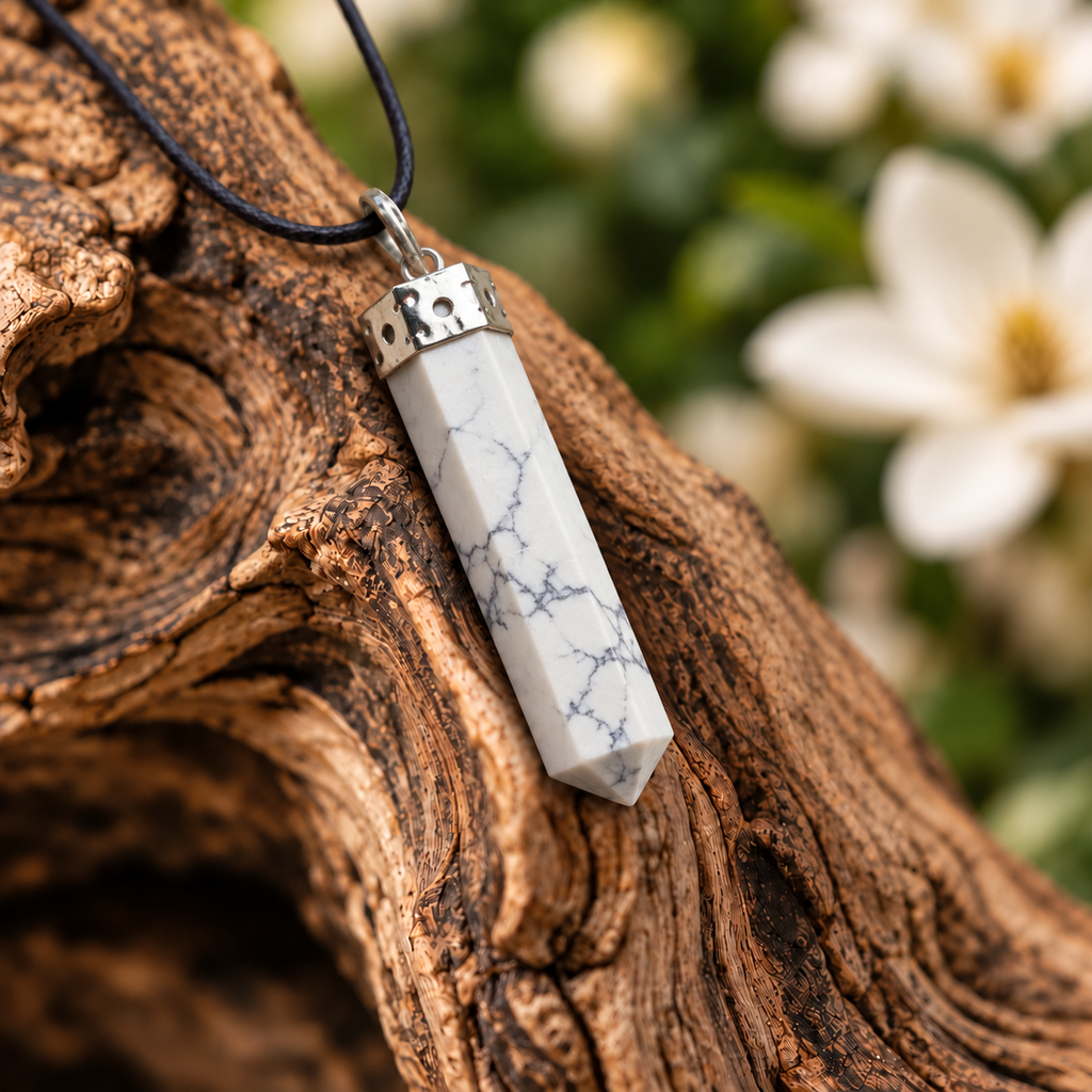 Howlite pencil pendant — detail close-up