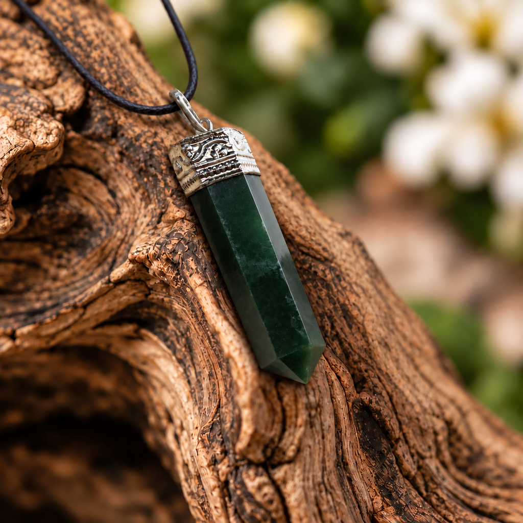 Indian Green Jade pencil pendant — detail close-up