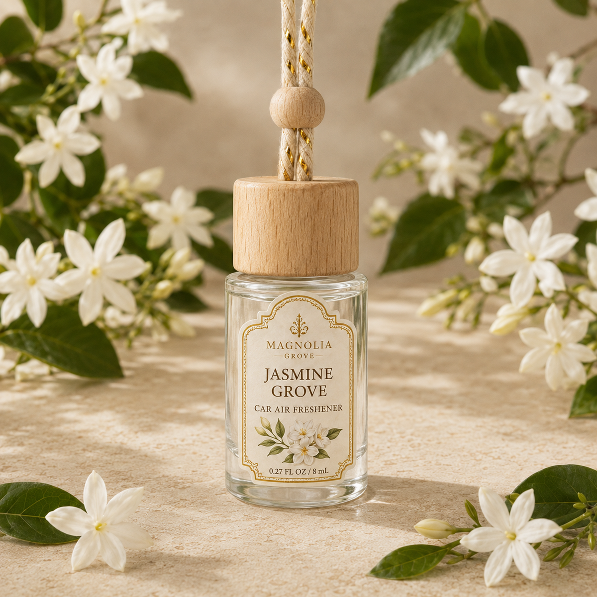Jasmine Grove Car Air Freshener — 8 mL glass bottle with wood cap