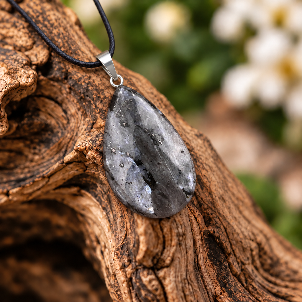 Larvikite drop pendant — closeup