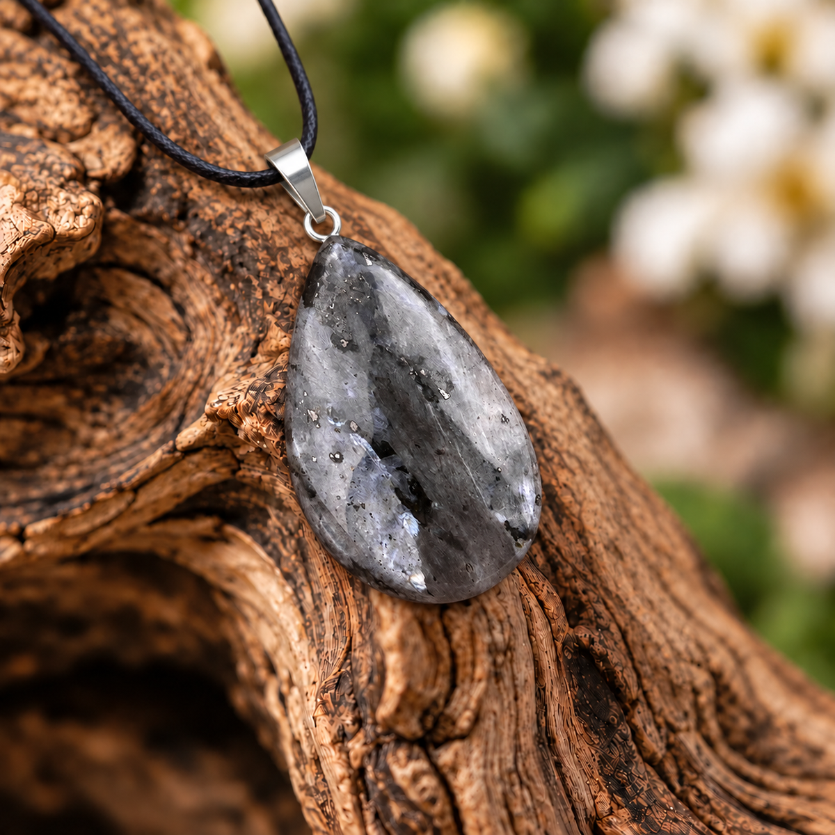 Larvikite drop pendant — closeup