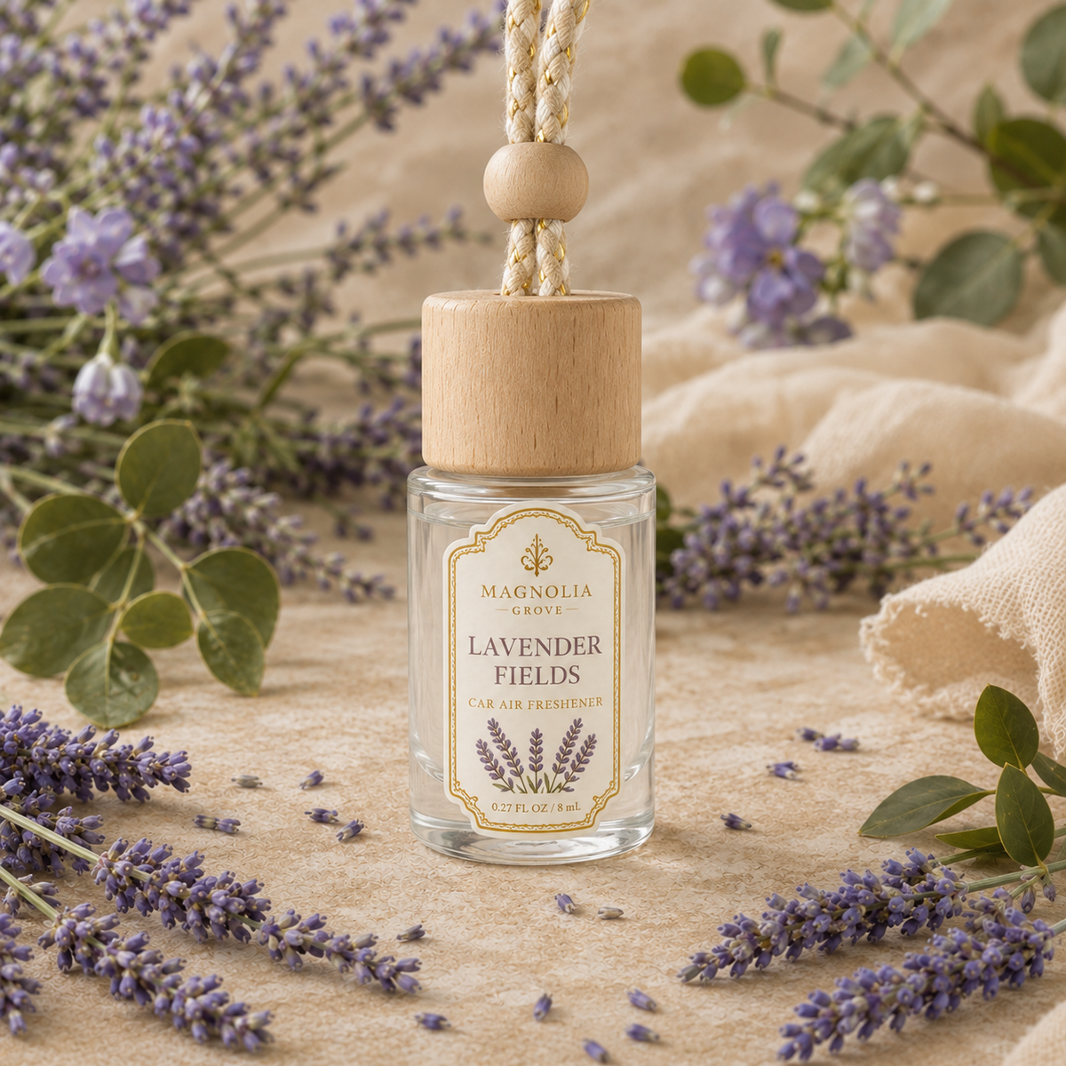 Lavender Fields Car Air Freshener — 8 mL glass bottle with wood cap