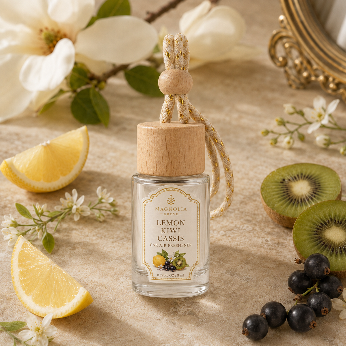 Lemon Kiwi Cassis Car Air Freshener — 8 mL glass bottle with wood cap