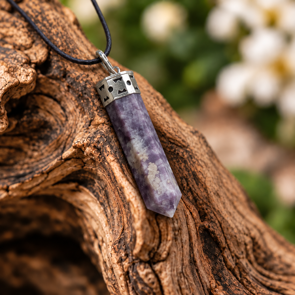 Lepidolite pencil pendant — detail close-up