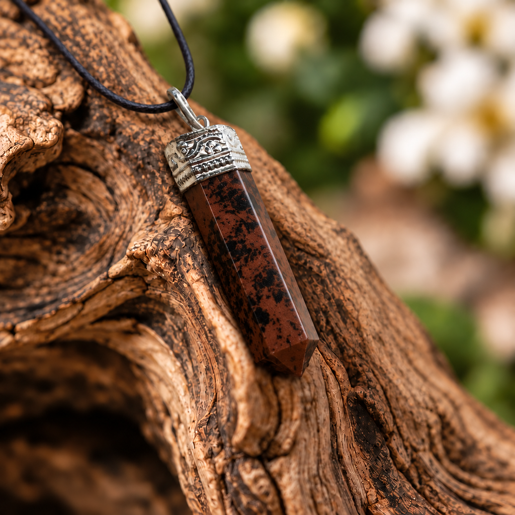 Mahogany Obsidian pencil pendant — detail close-up