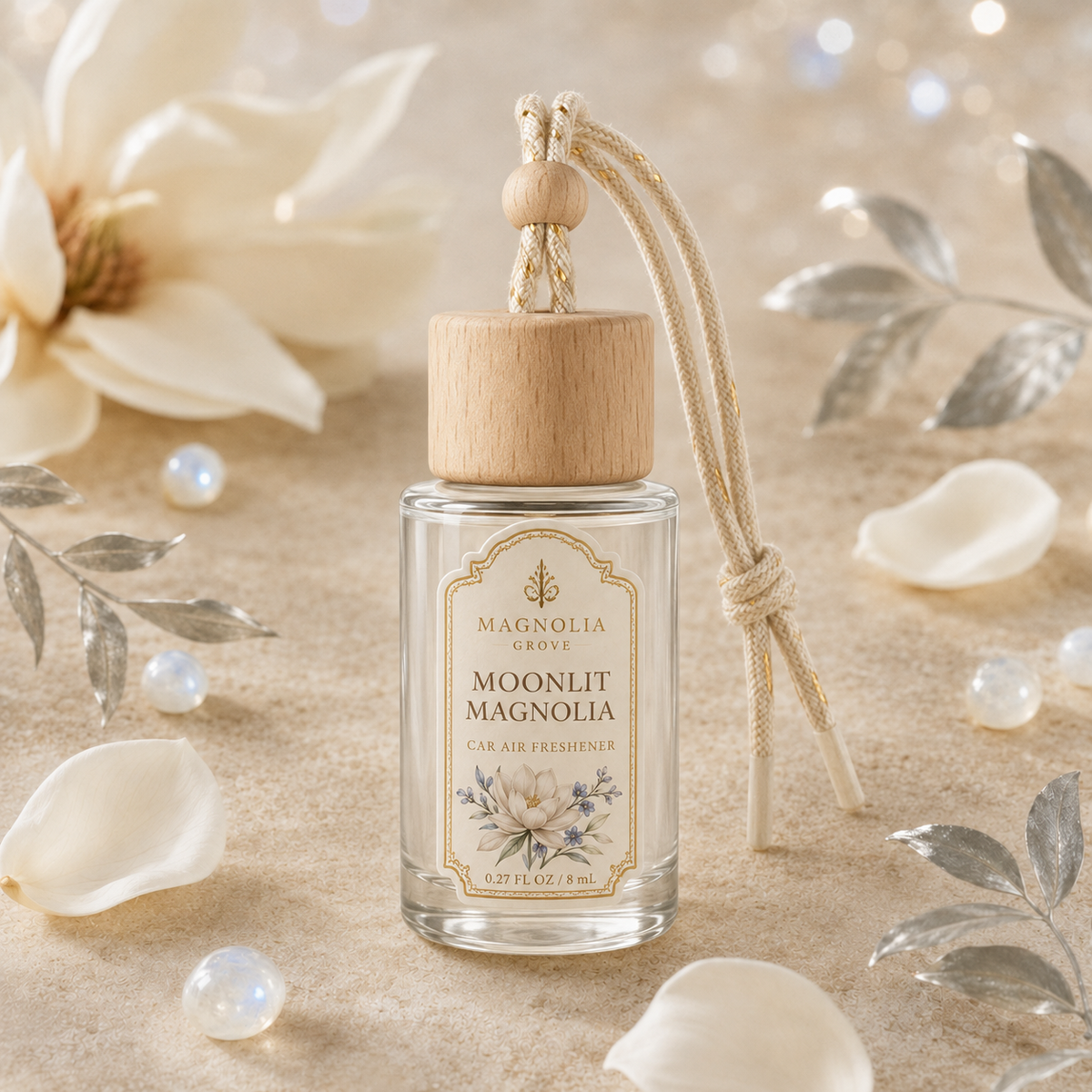 Moonlit Magnolia Car Air Freshener — 8 mL glass bottle with wood cap