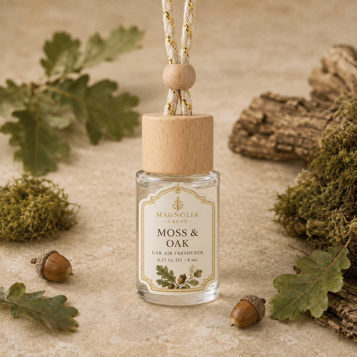 Moss & Oak Car Air Freshener — 8 mL glass bottle with wood cap