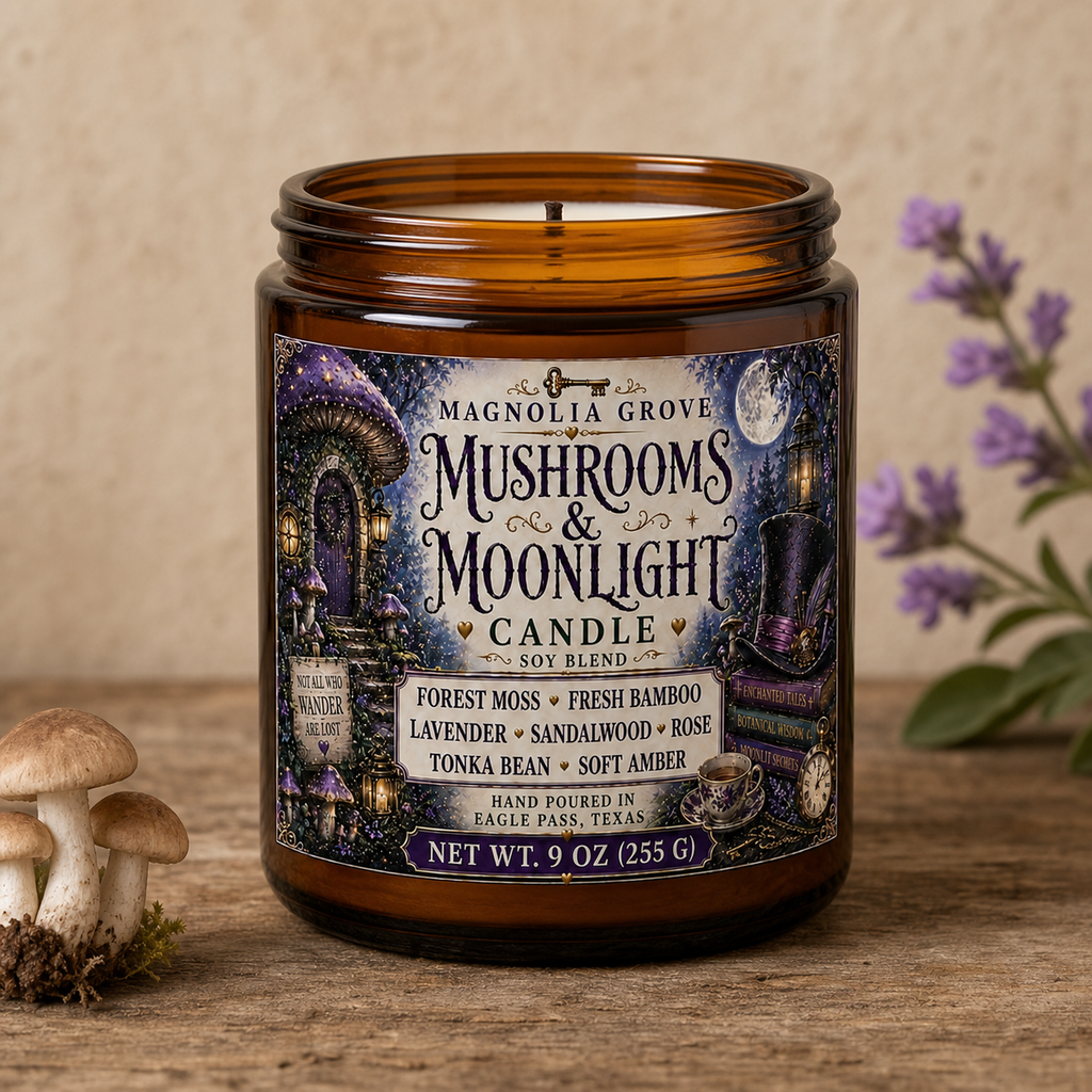 Mushroom & Moonlight 9 oz candle from Magnolia Grove Gifts