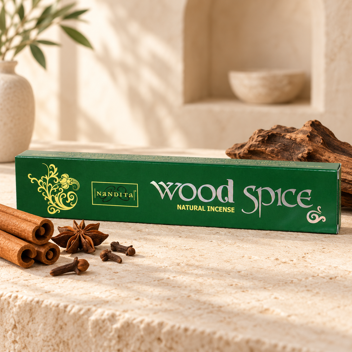 Nandita Wood Spice 15g incense on a warm ivory stone surface with aromatic spices