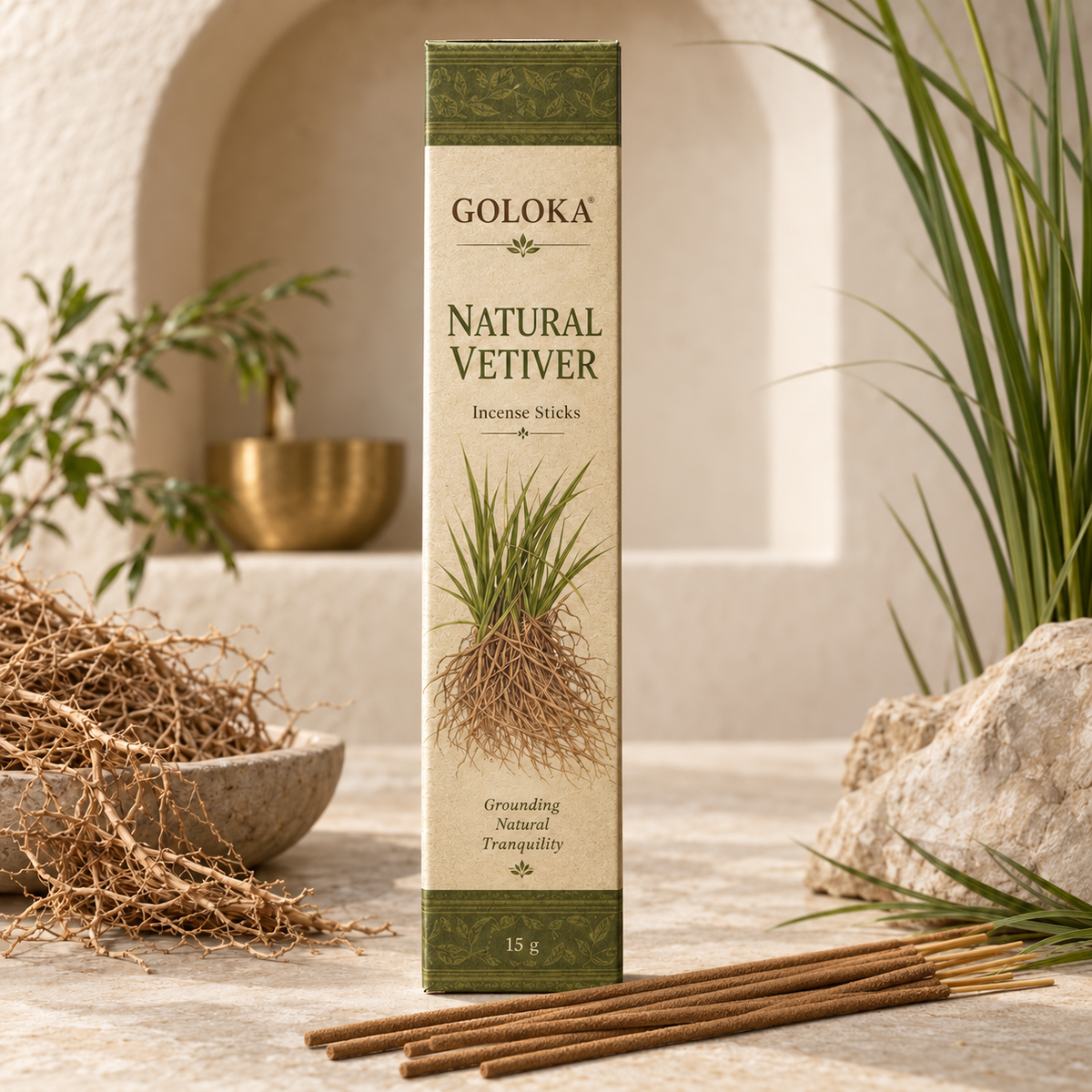 Goloka Natural Vetiver Incense Sticks – 15 Gram Pack
