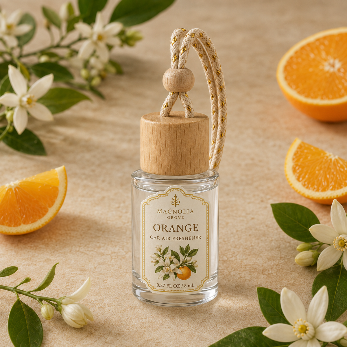 Orange Car Air Freshener — 8 mL glass bottle with wood cap