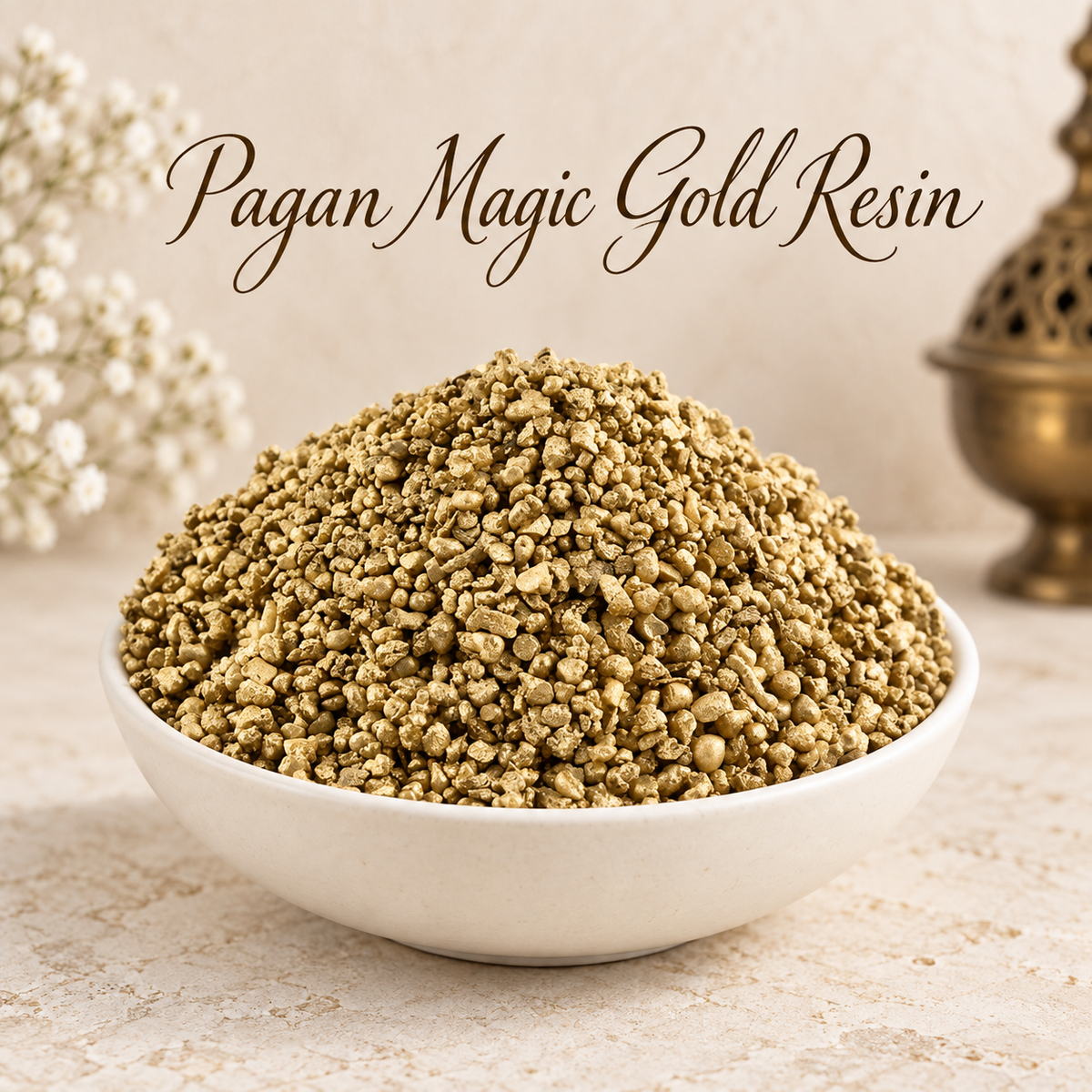 Pagan Magic Gold Resin natural resin incense in an elegant ceramic bowl