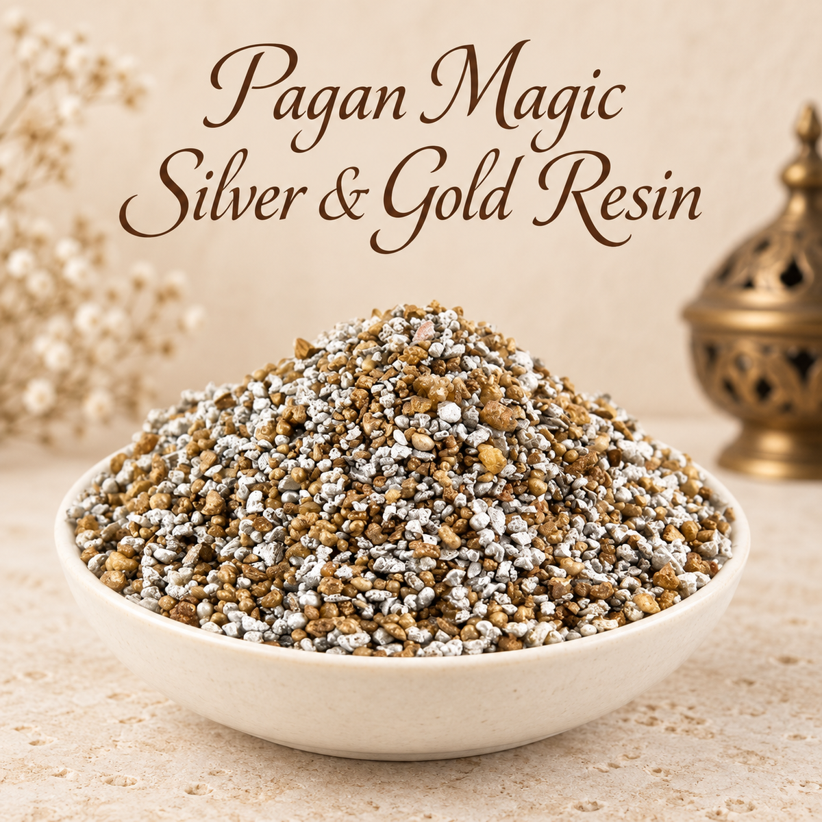 Pagan Magic Silver & Gold Resin natural resin incense in an elegant ceramic bowl