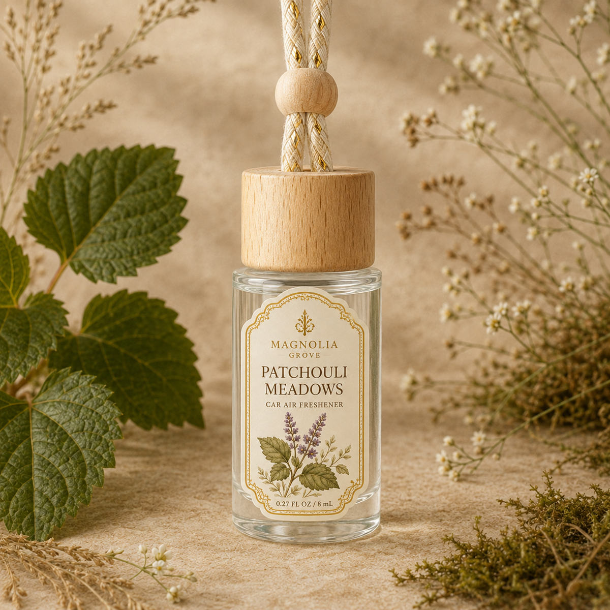 Patchouli Meadows Car Air Freshener — 8 mL glass bottle with wood cap