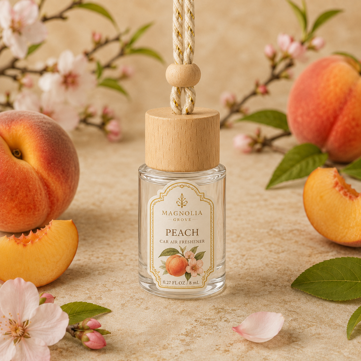 Peach Car Air Freshener — 8 mL glass bottle with wood cap