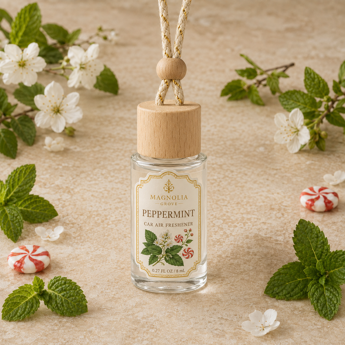 Peppermint Car Air Freshener — 8 mL glass bottle with wood cap