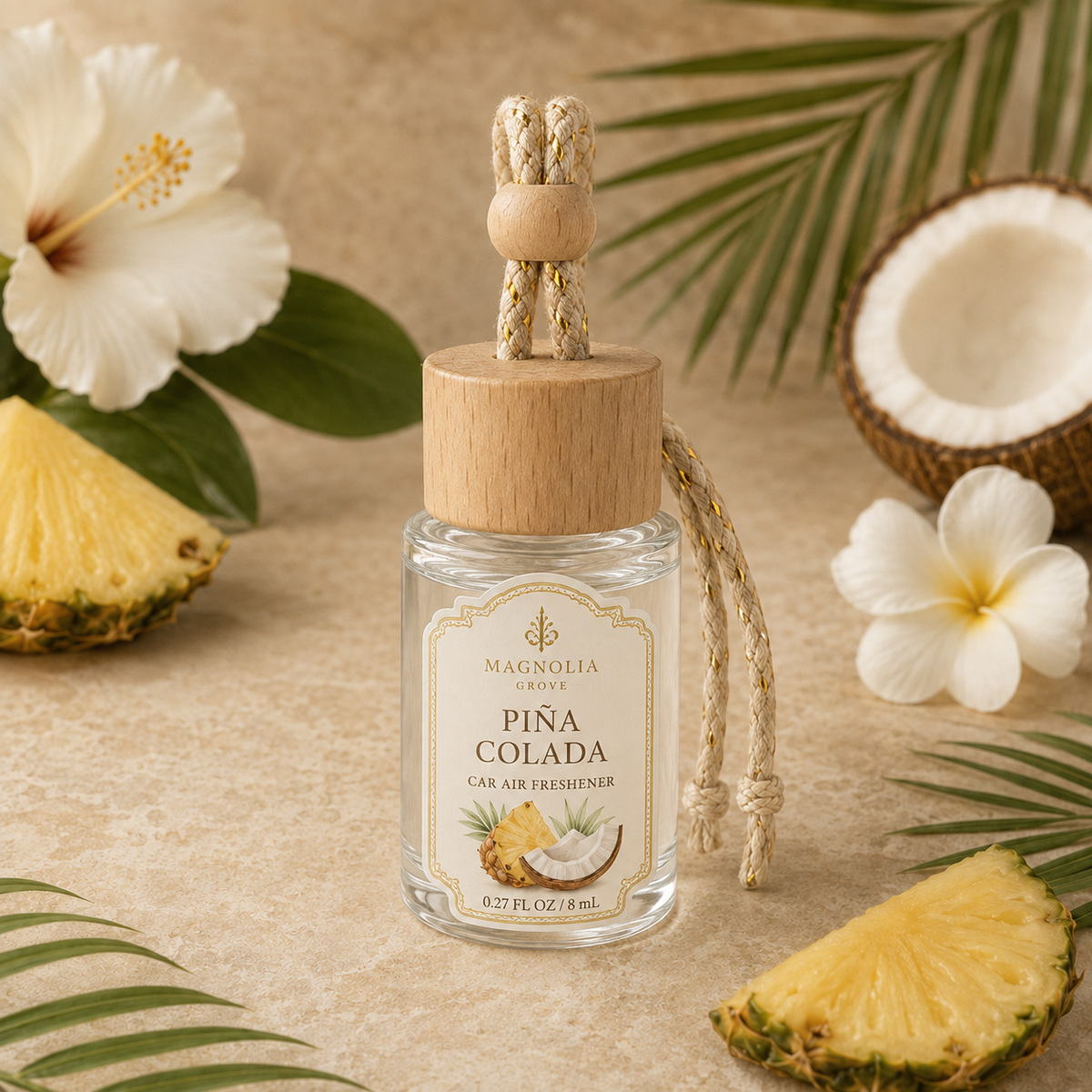Pina Colada Car Air Freshener — 8 mL glass bottle with wood cap