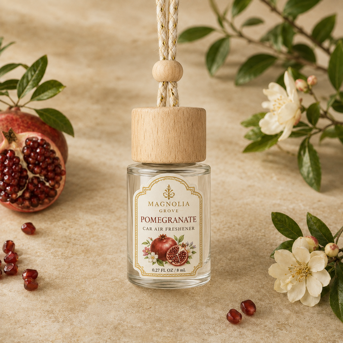 Pomegranate Car Air Freshener — 8 mL glass bottle with wood cap