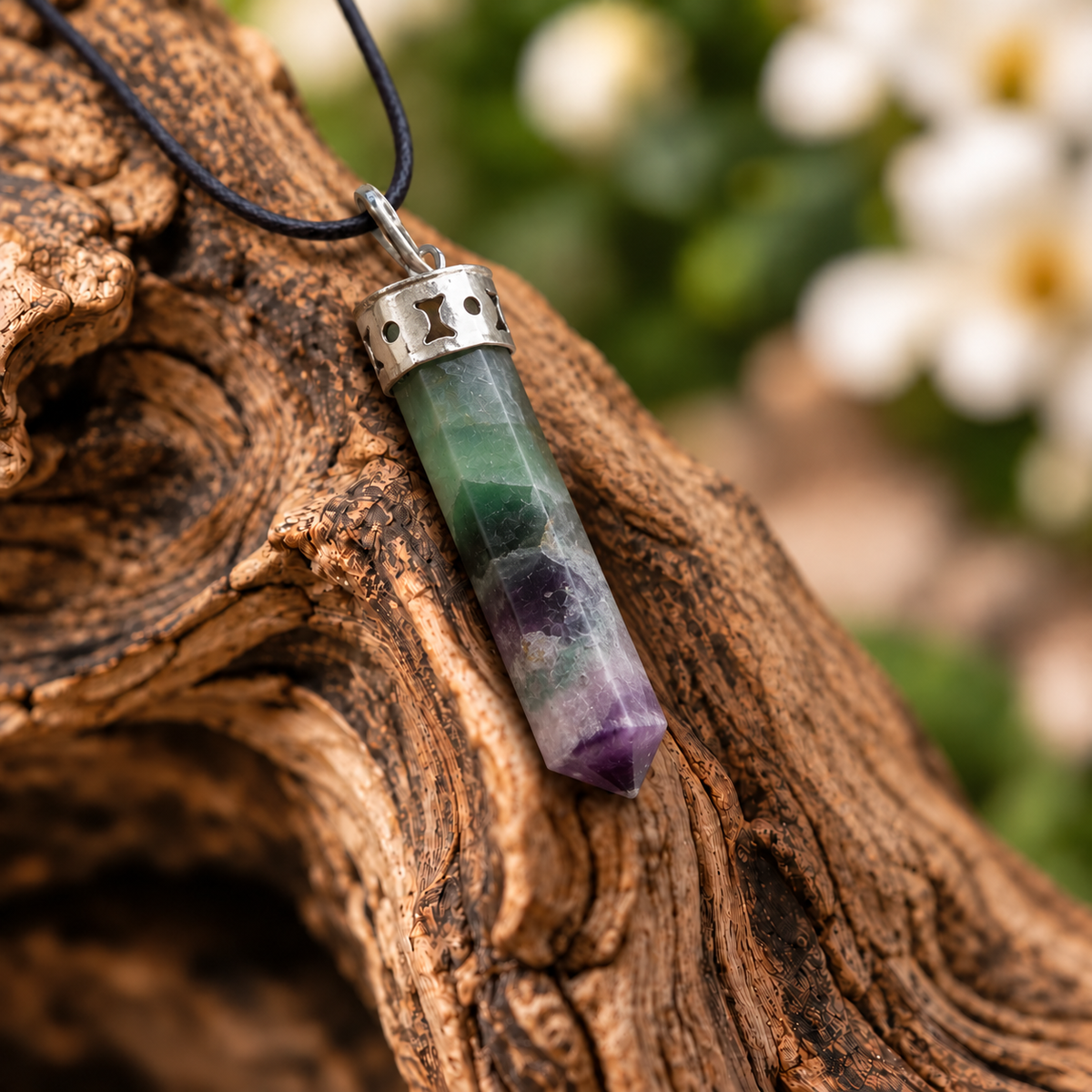 Rainbow Fluorite pencil pendant — detail close-up