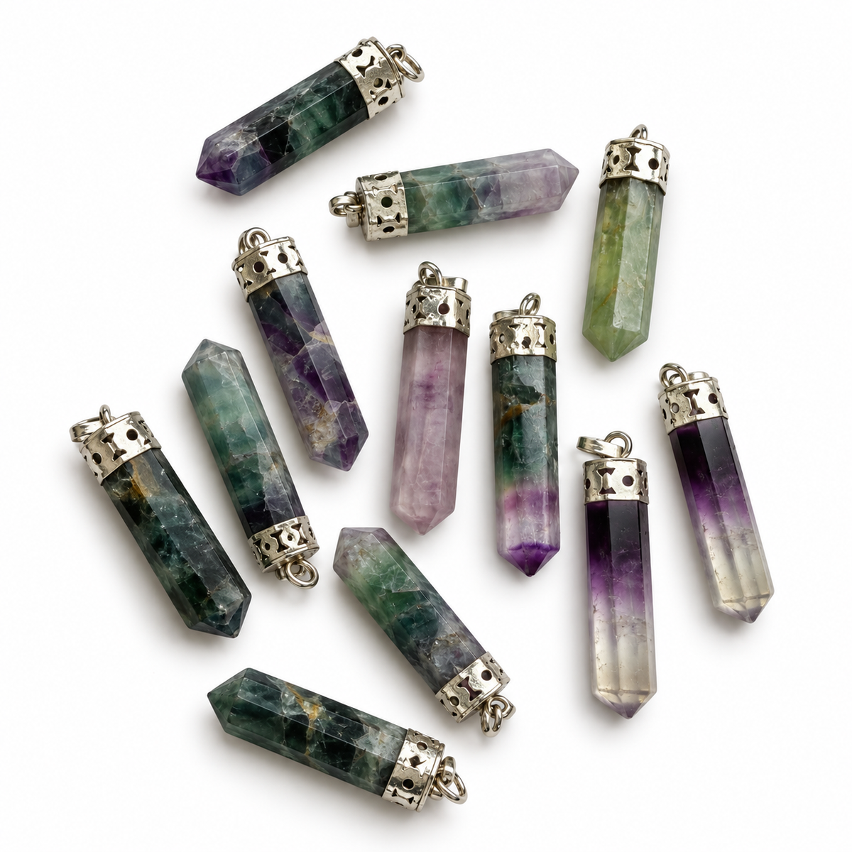 Rainbow Fluorite pencil pendant — color and pattern variations