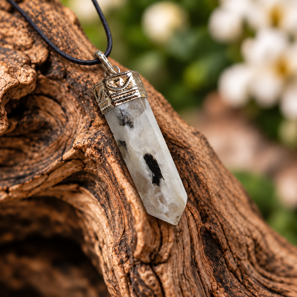 Rainbow Moonstone pencil pendant — detail close-up