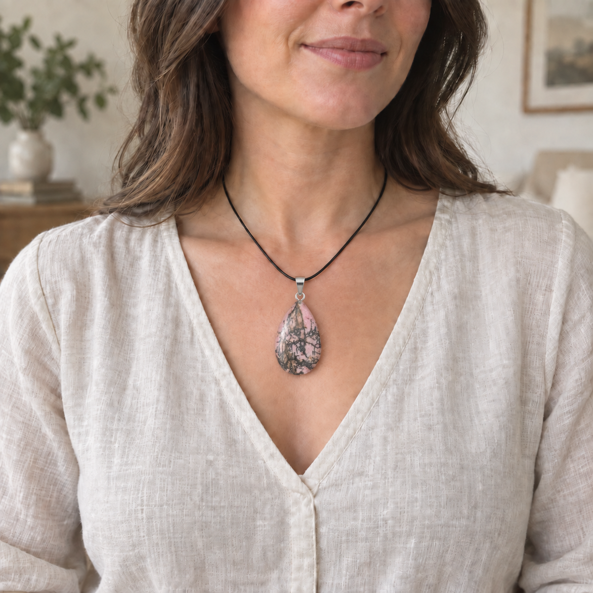Rhodonite drop pendant — lifestyle