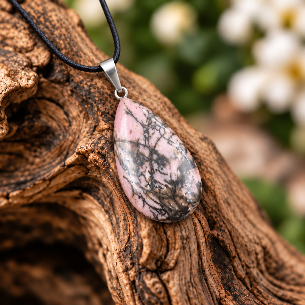 Rhodonite drop pendant — closeup