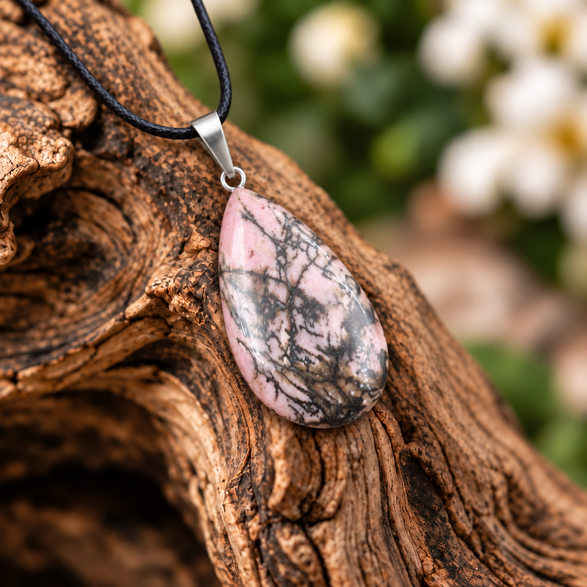 Rhodonite drop pendant — closeup