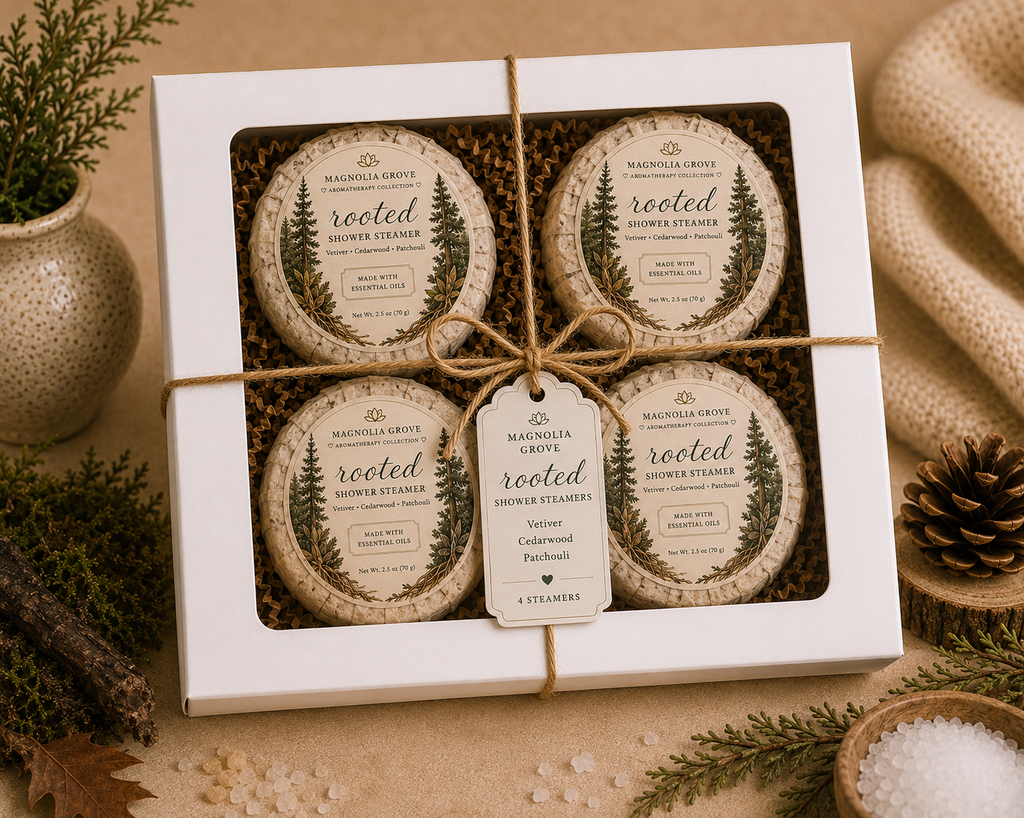 Rooted Shower Steamer package with vetiver, cedarwood and patchouli fragrance