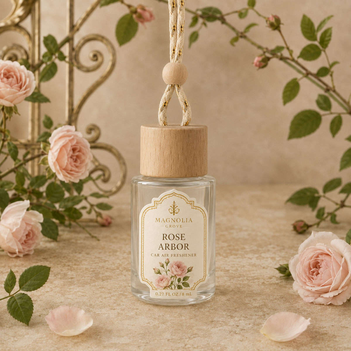 Rose Arbor Car Air Freshener — 8 mL glass bottle with wood cap