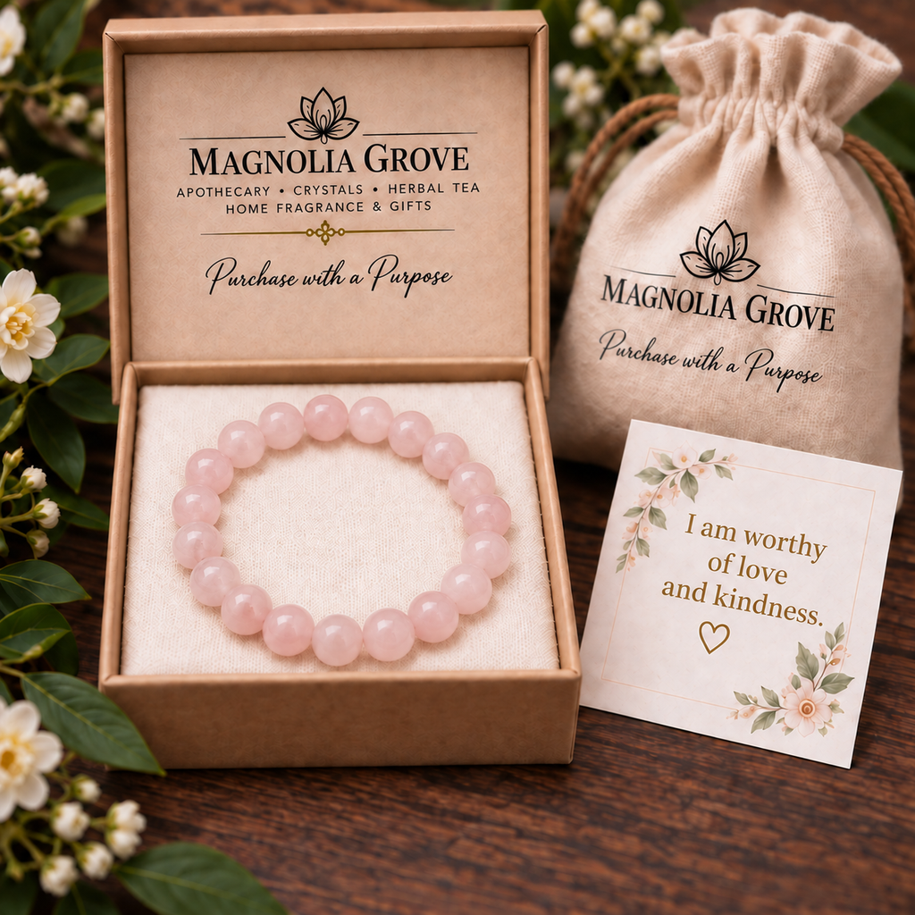 rose quartz bracelet in Magnolia Grove gift packaging with affirmation: I am worthy of love and kindness.