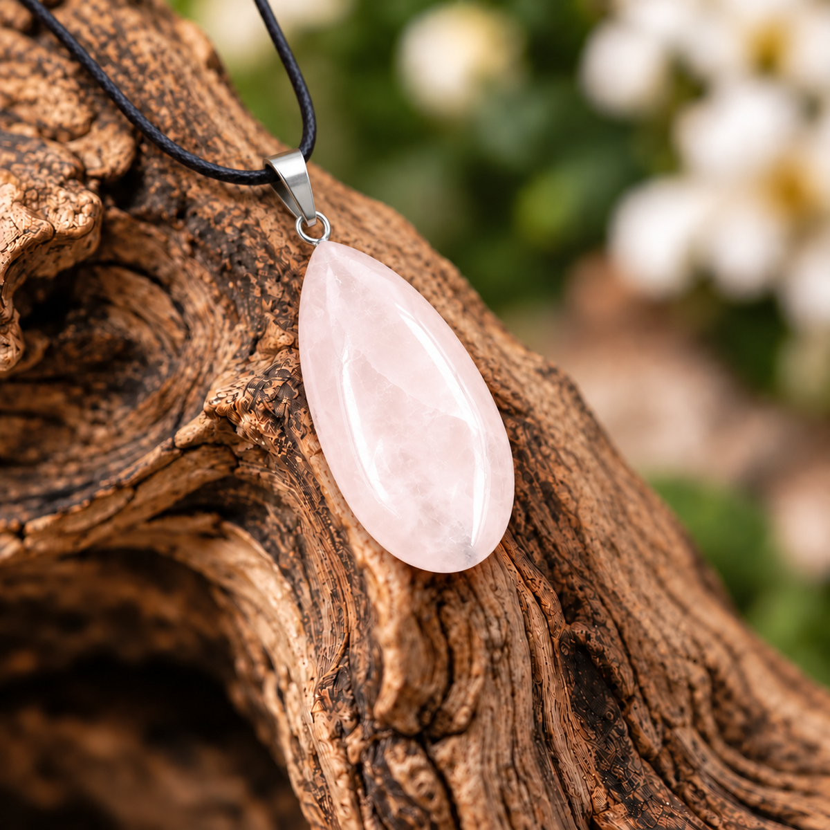 Rose Quartz drop pendant — closeup