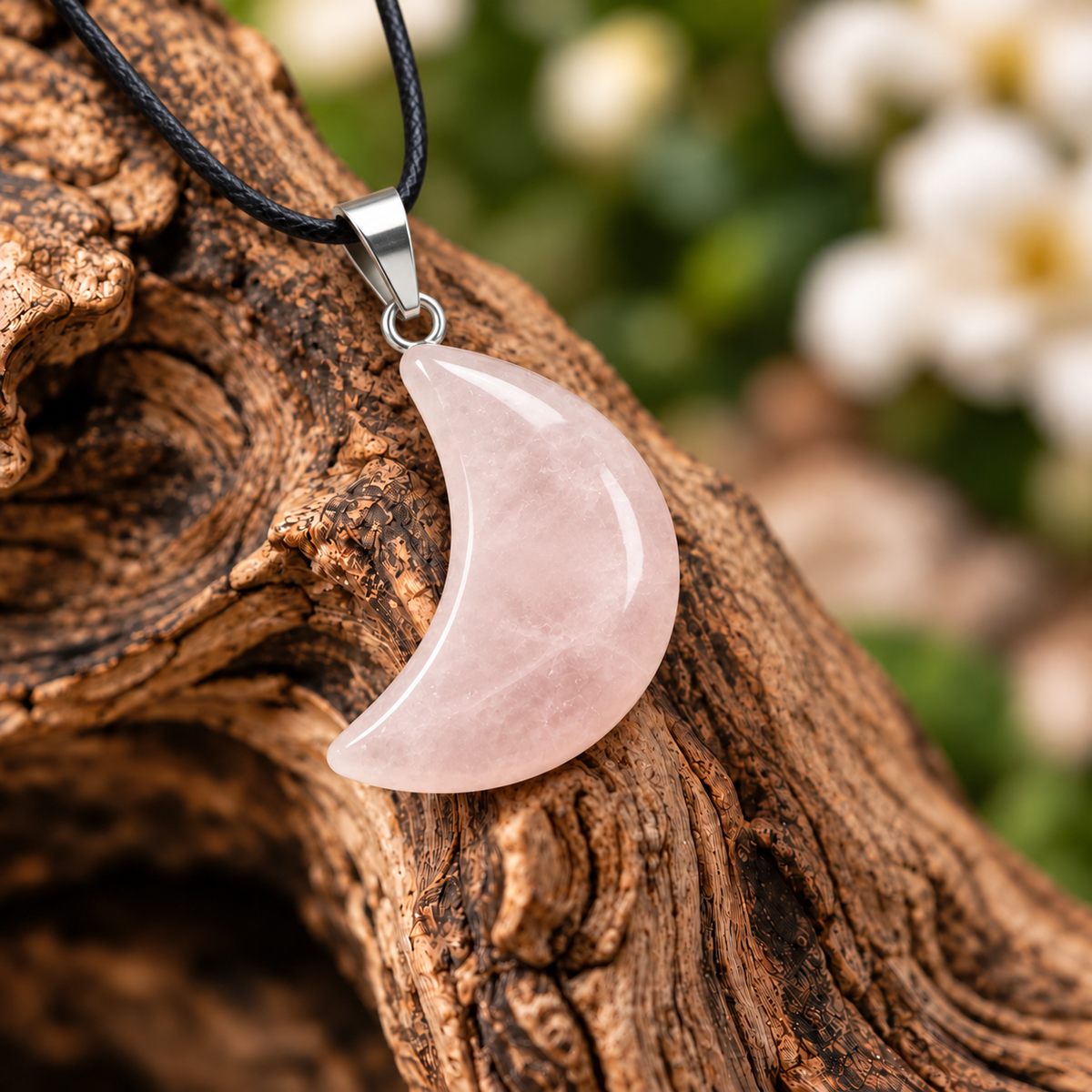 Rose Quartz Moon Pendant — Close-up