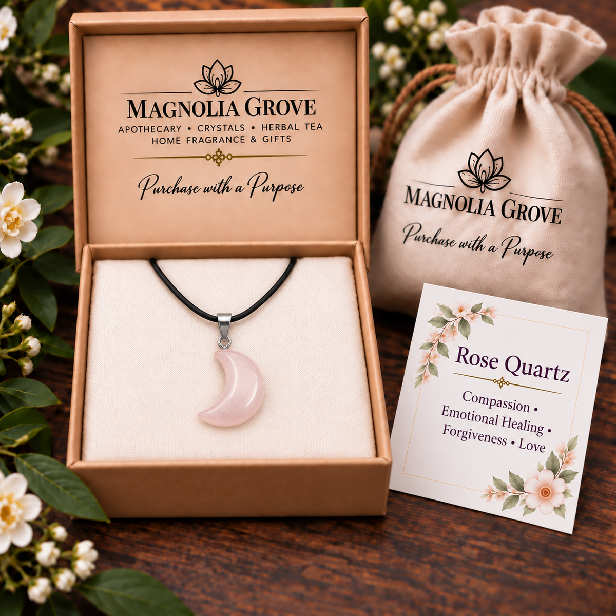 Rose Quartz Moon Pendant — Gift-box scene