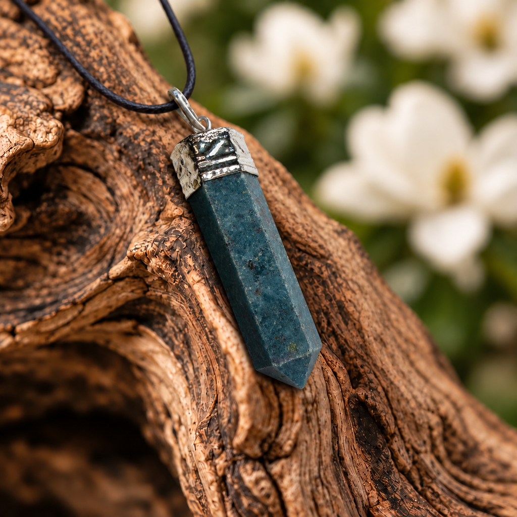 Ruby in Fuchsite pencil pendant — detail close-up