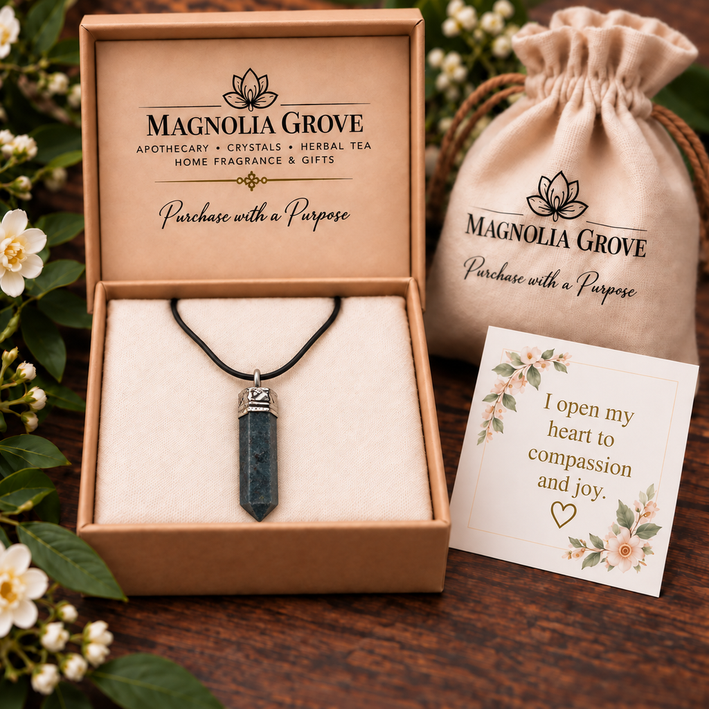 Ruby in Fuchsite pencil pendant — gift presentation