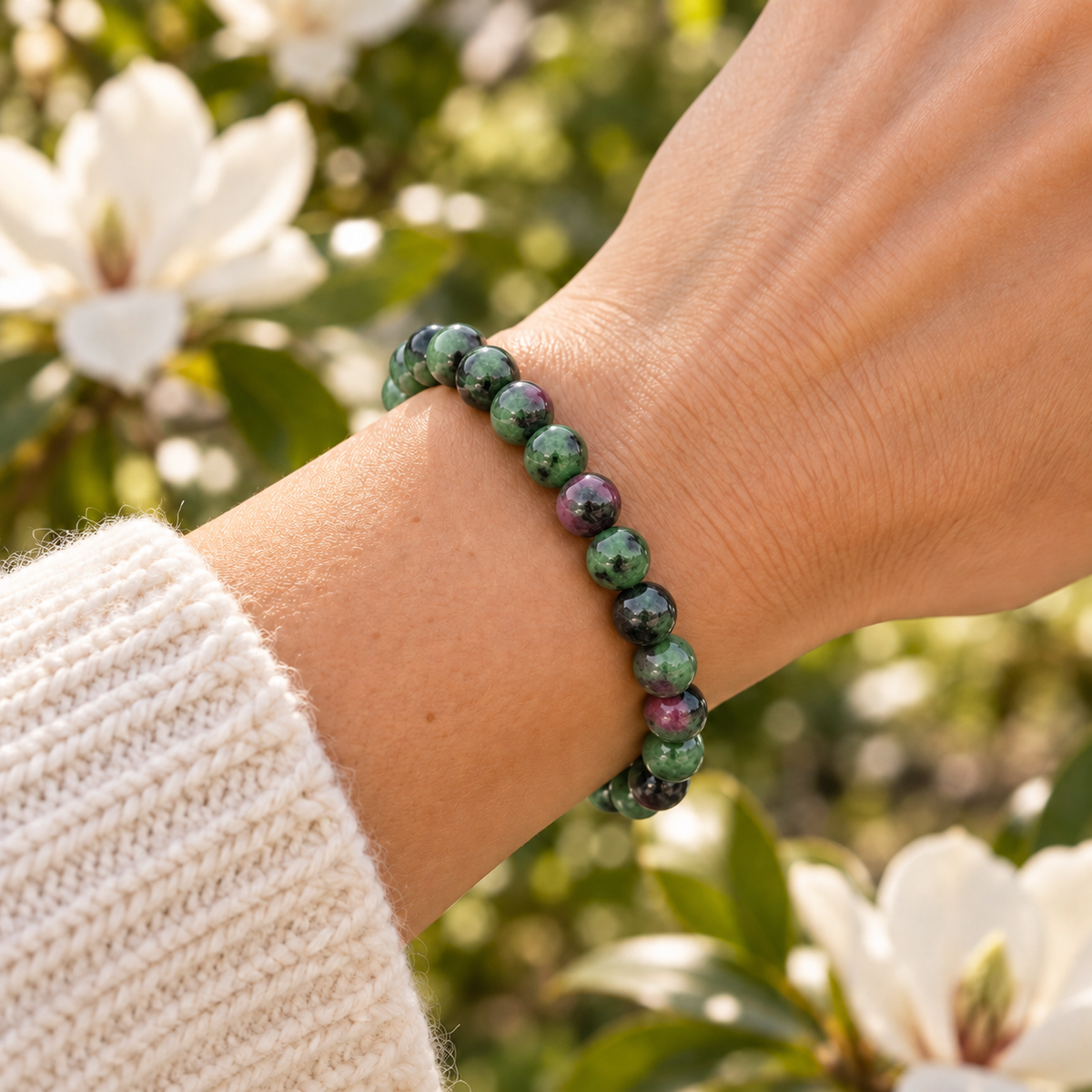 Ruby in Zoisite 8mm stretch bracelet wrist