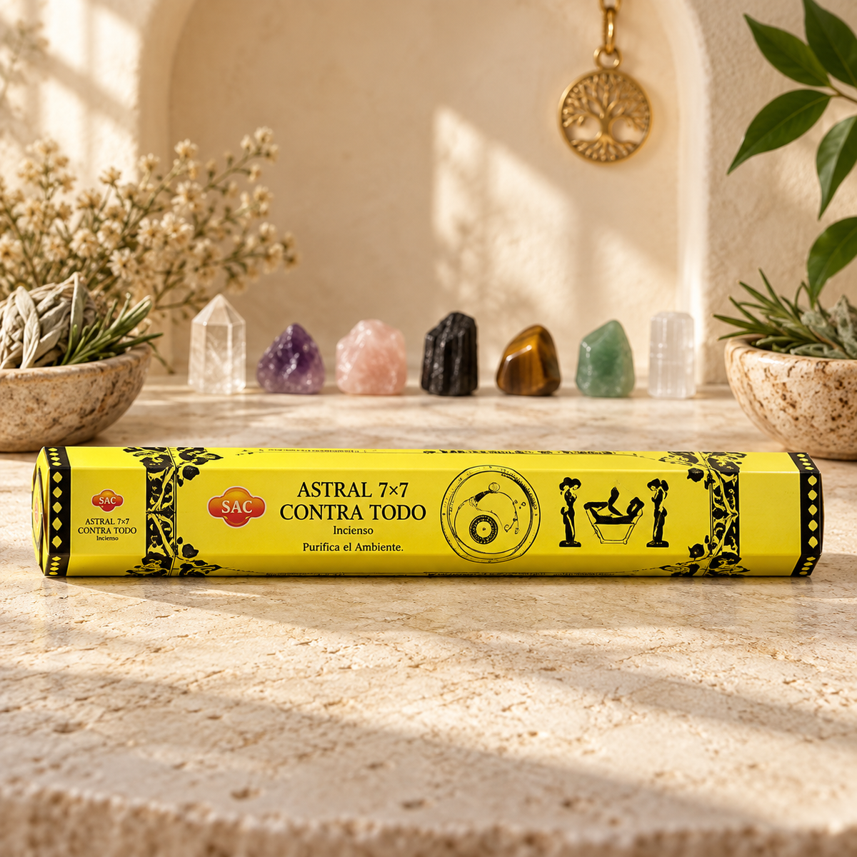 SAC Astral 7x7 Contra Todo incense, 20 sticks, displayed horizontally with crystal accents