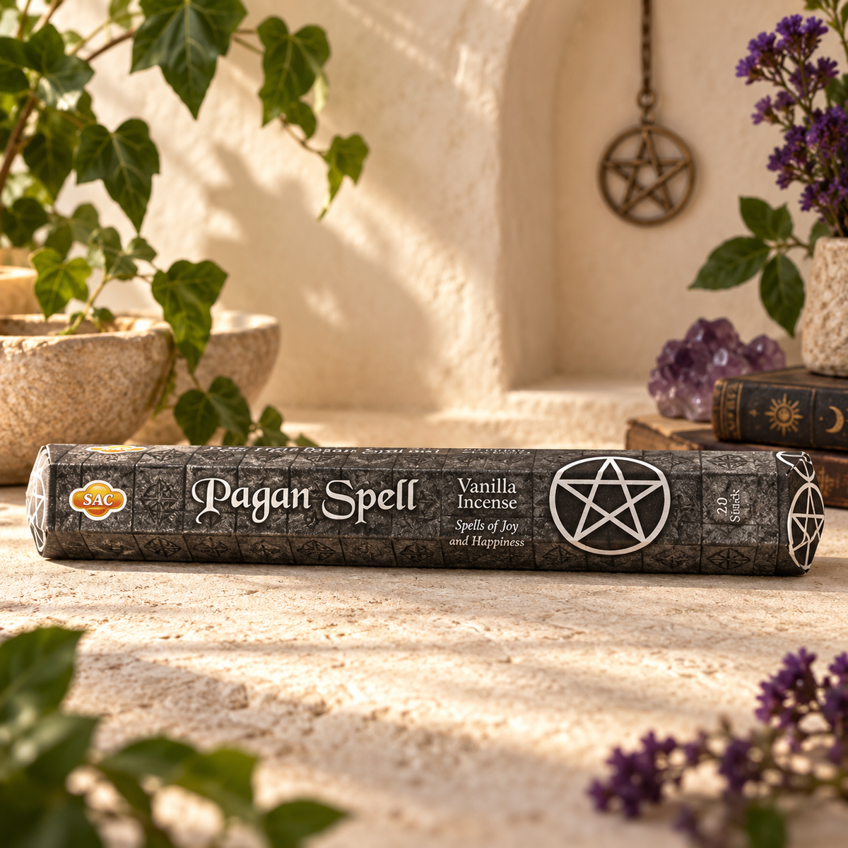 SAC Pagan Spell incense, 20 sticks, displayed horizontally on warm ivory stone